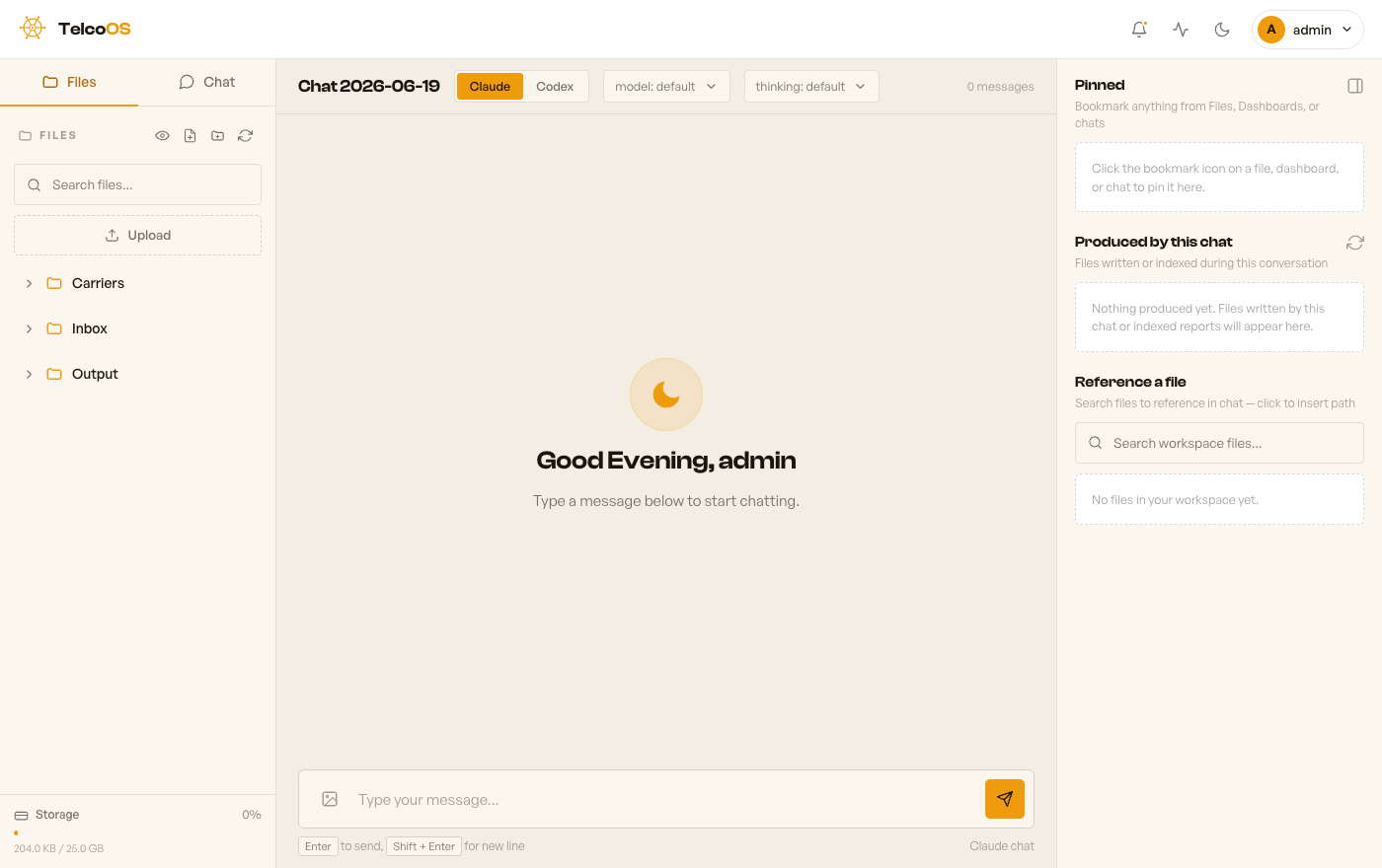 The TelcoOS workspace — a single chat surface that pulls billing, routing, records, and rate decks into one conversation.
